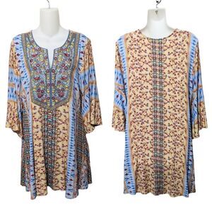 SOFT SURROUNDINGS Fifi Embroidered Split Neck Boho Floral Top L